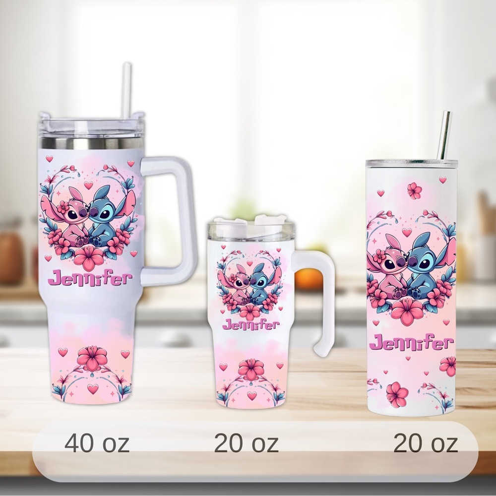 Pink Floral Character lilo and stitch Tumbler Set